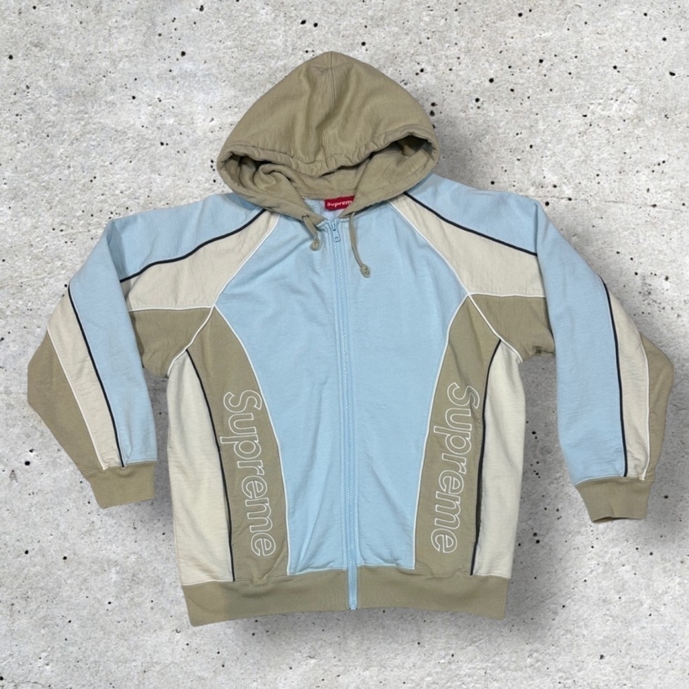 [UNISEX] SUPREME Tri-Color Zip Up Hoodie S | Blue Brown Cream Cotton Deadstock